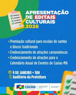 🎭🎶 Vem aí a apresentação dos Editais Culturais 2026, um momento importante para esclarecer oportunidades, critérios e formas de participação nas ações culturais do nosso município.
Participe, tire suas dúvidas e fortaleça a cultura local! 💙🤝
#EditaisCulturais2026 #CulturaCaxias #PrefeituraDeCaxias