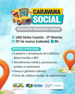 🚐💙 A Caravana Social está chegando ao Povoado Engenho D’Água para cuidar de você e da sua família!

Vai ter atualização de benefícios sociais, atendimentos de saúde, orientação jurídica, atividades de movimento e cuidado especial.

É mais cidadania, acesso e cuidado pertinho de você. Participe e aproveite! 💙

#CaravanaSocial #ProteçãoSocial #PrefeituraDeCaxias