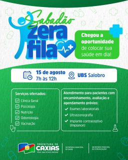 💚🩺 Sabadão Zera Fila está chegando com a oportunidade de cuidar ainda mais da sua saúde!

A UBS Salobro estará de portas abertas com serviços de saúde e atendimentos para pacientes com encaminhamento, avaliação e agendamento prévio.

Um sábado de cuidado, atenção e mais saúde para a nossa população! 🩺

#SabadãoZeraFila #SaúdeCaxias #PrefeituraDeCaxias