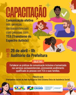 💛🧩 Comunicação que acolhe, inclui e transforma!

Participe da capacitação sobre atendimento humanizado às pessoas com TEA e suas famílias. 

Um momento de aprendizado, troca de experiências e fortalecimento das práticas no SUAS, promovendo um serviço cada vez mais inclusivo, eficiente e humanizado. 🤝

#TEA #ComunicaçãoEfetiva #SUAS #ProteçãoSocial #PrefeituraDeCaxias
