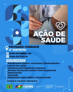 🤝🩺 Ação de Saúde chegando ao Povoado Condave, no 3º Distrito!

Dia 31 de outubro, a partir das 8h, teremos uma manhã com diversos serviços para cuidar de você e de toda a família, pertinho de casa! 

Aproveite essa oportunidade, participe e cuide da sua saúde! 💙

#AçãoDeSaúde #SaúdeCaxias #ProteçãoSocial #PrefeituraDeCaxias