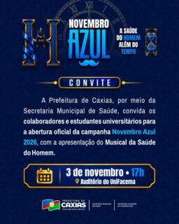 💙 O Novembro Azul está chegando com uma abertura especial para dar início à campanha de cuidado e atenção à saúde do homem!

Você é nosso convidado para participar desse momento de conscientização, informação e incentivo ao cuidado com a saúde masculina, com a apresentação do Musical da Saúde do Homem. 

Cuidar da saúde também é coisa de homem! 💙

#NovembroAzul #SaúdeDoHomem #SaúdeCaxias #PrefeituraDeCaxias