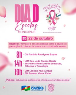 🌸💗 A informação e o cuidado também chegam às nossas escolas!

As escolas municipais irão receber ações do Outubro Rosa, com o objetivo de conscientizar estudantes, professores e toda a comunidade escolar sobre a importância da prevenção e do cuidado com a saúde da mulher.

Confira a programação e participe desse momento de informação, conscientização e incentivo ao autocuidado! 🩷

#OutubroRosa #EducaçãoCaxias #SaúdeDaMulher #PrefeituraDeCaxias