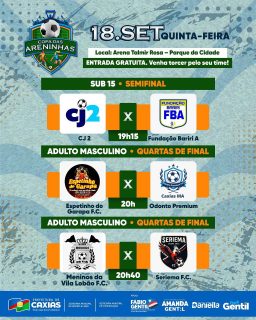 ⚽✨ A bola vai rolar em mais uma rodada cheia de emoção na Copa das Areninhas!
Valendo vaga na grande final do Sub-15 e também confrontos eliminatórios no Adulto Masculino. 🔥
Chame os amigos, vista sua camisa e venha viver o futebol raiz!
#CopaDasAreninhas #FutebolCaxiense