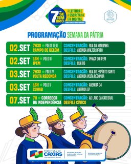 🇧🇷💚💛 A Semana da Pátria já tem programação! 🎺
De 2 a 7 de setembro, Caxias vai celebrar a nossa história com muita emoção, música, desfile e participação dos caxienses. 💙🇧🇷
Confira as datas, horários e locais e já se organize para prestigiar esse momento especial. Bora celebrar a Pátria juntos? 🇧🇷🙌
#SemanaDaPátria #7DeSetembro #IndependênciaDoBrasil #PrefeituraDeCaxias