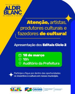 🎭✨ A Política Nacional Aldir Blanc segue fortalecendo a cultura em nosso município. Apresentação dos editais do Ciclo 2, um momento importante para conhecer as oportunidades de incentivo e apoio aos projetos culturais.

Participe e fique por dentro das ações que valorizam a arte e a cultura na nossa cidade.

#AldirBlanc #CulturaCaxiense #PrefeituraDeCaxias