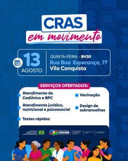 💙 O CRAS está chegando mais perto das famílias da Vila Conquista!

Uma ação especial com diversos serviços gratuitos, levando atendimento, orientação, saúde e cidadania para a comunidade. 🤝

Um momento de cuidado, acolhimento e acesso a direitos para toda a população.

#CRASEmMovimento #ProteçãoSocial #PrefeituraDeCaxias