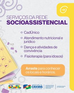 🤝💙 A rede socioassistencial do nosso município está presente em diversos pontos da cidade, oferecendo acolhimento, orientação e atividades que fortalecem vínculos e promovem qualidade de vida para todas as idades.
CRAS, Centros de Convivência, Centros da Juventude, Projetos e Centros Educacionais e Centros de Convivência dos Idosos são espaços pensados para apoiar você e sua família com serviços, ações e projetos que fazem a diferença no dia a dia.
Estamos perto de você! Procure o equipamento mais próximo e tenha acesso aos serviços gratuitos oferecidos pelo município.
#ProteçãoSocial #AssistênciaSocial #PrefeituraDeCaxias