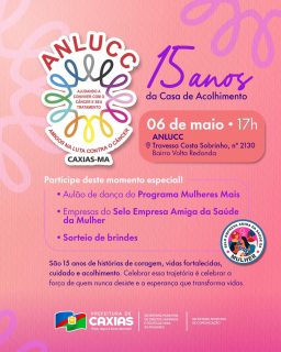 💖🎉 A Casa de Acolhimento ANLUCC celebra 15 anos com uma programação especial!

Teremos Aulão do Programa Mulheres Mais, participação das empresas parceiras do Selo Empresa Amiga da Saúde da Mulher e sorteio de brindes.

Não perca! Será um momento de cuidado, acolhimento e valorização da saúde da mulher. 🩷

#ANLUCC15Anos #SaúdeDaMulher #PrefeituraDeCaxias