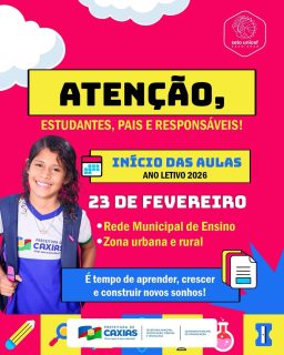 🏫📚 A contagem regressiva começou! No dia 23 de fevereiro, começa o ano letivo 2026 da rede municipal de ensino, na zona urbana e rural.

Um novo ciclo que chega cheio de aprendizados, descobertas e oportunidades para nossos estudantes.

Preparem-se para mais um ano de crescimento e conquistas na educação municipal! 💙✏️

#VoltaÀsAulas #EducaçãoCaxias #AnoLetivo2026 #PrefeituraDeCaxias
