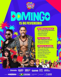 🎭✨ Domingo é dia de cair na folia em vários pontos da cidade!

Tem programação pra criançada pela manhã, muita folia à tarde na Veneza e um circuito cheio de atrações na Avenida Alexandre Costa para ninguém ficar parado. 🎉🎶

Se prepare para viver mais um dia de alegria, música e diversão no nosso carnaval! 💃🕺

#CarnavalEmCaxiasÉBomD+ #Carnaval2026 #VemPraFolia #PrefeituraDeCaxias