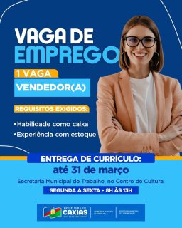 💼✨ Se você tem experiência com atendimento e organização, essa pode ser a chance de conquistar sua vaga e dar um novo passo na sua trajetória profissional.
Compareça à Secretaria Municipal de Trabalho, no Centro de Cultura, e participe do processo de seleção. Fique atento ao prazo e não deixe para a última hora!
#OportunidadeDeEmprego #VagasCaxias #Trabalho #PrefeituraDeCaxias