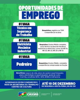 💼 Novas vagas de emprego estão disponíveis para quem busca começar ou recomeçar no mercado de trabalho.

📅 Inscrições até 10 de dezembro
⏰ De segunda a sexta, das 8h às 13h
📍 Secretaria Municipal de Trabalho – Centro de Cultura

Aproveite essa oportunidade e garanta sua inscrição! 🤝