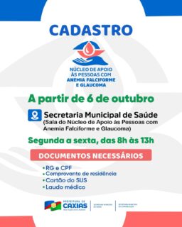 🩸💙 A partir de 6 de outubro, o Núcleo de Apoio às Pessoas com Anemia Falciforme e Glaucoma estará realizando cadastro na Secretaria Municipal de Saúde.

Compartilhe essa informação com quem precisa! 🤝💙

#SaúdeCaxias #AnemiaFalciforme #PrefeituraDeCaxias