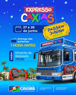 🚌🌽 Bora viver um passeio arretado de bão no clima do São João? 🤠

Nos dias 27 e 28 de junho, o Expresso Caxias vai levar você para um passeio junino gratuito, cheio de cultura, tradição e muita animação. As senhas serão distribuídas 1 hora antes da saída, por ordem de chegada. Então, chegue cedo para garantir seu lugar! 🫶🏻

Chama a família e venha embarcar nessa experiência especial! 💃🪗

#ExpressoCaxias #PasseioJunino #TurismoCaxias #SãoJoãoEmCaxiasÉBãoDemais #PrefeituraDeCaxias