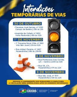🚧 Atenção, motoristas e pedestres!
Alguns trechos da cidade terão interdição temporária em determinados locais, datas e horários.
⚠️ Fique atento às sinalizações e utilize rotas alternativas quando necessário. Agradecemos a compreensão de todos! 🤝