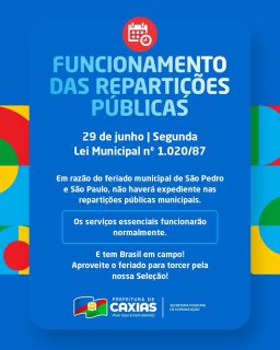 Nesta segunda-feira (29), as repartições públicas municipais estarão fechadas por conta do feriado de São Pedro e São Paulo. Mas pode ficar tranquilo(a), os serviços essenciais seguem funcionando normalmente. 😉

E já aproveita o dia para vestir a camisa, reunir a torcida e vibrar pela nossa Seleção! 🇧🇷💙 

#FeriadoMunicipal #Comunicado #PrefeituraDeCaxias