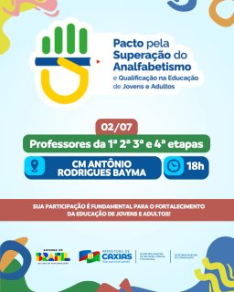 📚✨ A educação transforma vidas, e sua participação faz toda a diferença!

Pacto pela Superação do Analfabetismo e Qualificação na Educação de Jovens e Adultos (EJA), voltado aos professores da 1ª, 2ª, 3ª e 4ª etapas.

Contamos com a presença de todos para fortalecer ainda mais a educação de jovens e adultos e construir novos caminhos através da aprendizagem. 💙📖

#PactoPelaSuperaçãoDoAnalfabetismo #EJA  #EducaçãoCaxiense #PrefeituraDeCaxias