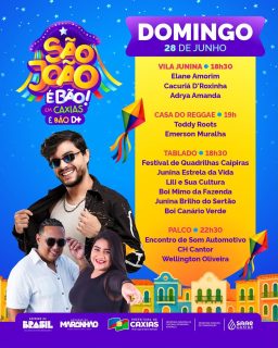 🌽✨ Domingo é dia de curtir a terceira noite do melhor São João do interior do Maranhão! 💙

Tem Vila Junina, Casa do Reggae, danças culturais no Tablado e grandes atrações no Palco Principal para animar a noite. 🎶💃🪗

Venha viver a nossa cultura, tradição e muito arrasta-pé. São João é bão, mas em Caxias é bão demais! 🎉

#SãoJoãoEmCaxiasÉBãoDemais #SãoJoão2026 #PrefeituraDeCaxias