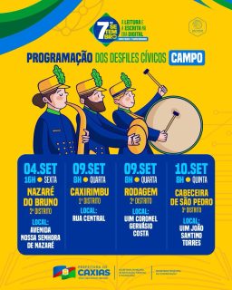 🇧🇷✨ A Semana da Pátria está chegando nas escolas do campo!Nas comunidades da zona rural, nossos estudantes também entram em cena para celebrar a história, a cidadania e o orgulho de ser brasileiro. 💚💛Confira a programação e venha prestigiar esse momento especial com a gente! 🇧🇷🎖️#SemanaDaPátria #DesfileCívico #EducaçãoCaxias #7DeSetembro #PrefeituraDeCaxias