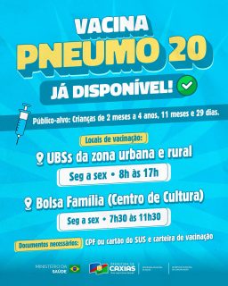 💉✨ Proteção que faz a diferença!

A vacina Pneumo 20 já está disponível para crianças de 2 meses a 4 anos, 11 meses e 29 dias. É mais um passo para manter os pequenos protegidos e com a saúde em dia. 💙

Procure a UBS mais próxima ou o ponto de vacinação do Bolsa Família (Centro de Cultura), leve os documentos e garanta essa proteção. ✅

#Vacinação #SaúdeCaxias #PrefeituraDeCaxias