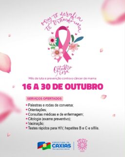 🎀🩷 De 16 a 30 de outubro, a programação do Outubro Rosa contará com ações voltadas à prevenção e aos cuidados com a saúde da mulher, incluindo palestras, orientações, consultas, exames preventivos, vacinação e testes rápidos.

Confira a programação, participe e lembre-se: O que te desafia, te transforma! 🌸🩷

#OutubroRosa #OQueTeDesafiaTeTransforma #SaúdeCaxias #PrefeituraDeCaxias