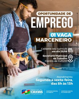 🔨💼 Tem oportunidade de emprego na área!

Se você é marceneiro e está em busca de uma nova oportunidade, essa pode ser a sua chance! 👀✨

Cadastre seu currículo até 25 de agosto e participe do processo seletivo.

Não deixa essa oportunidade passar! 🚀

#OportunidadeDeEmprego #Trabalho #PrefeituraDeCaxias