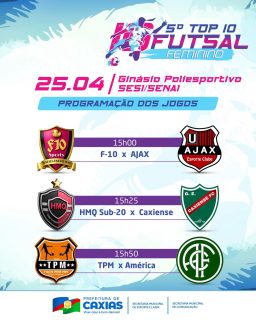 ⚽🔥 Emoção do começo ao fim com o 5º Top 10 de Futsal Feminino, que chega à sua fase decisiva com uma programação imperdível!

Jogos que prometem muita garra, talento e disputa em quadra!

👉 Confira a programação completa e não perca nenhum jogo. Venha torcer, apoiar e vibrar com o melhor do futsal feminino. 

#FutsalFeminino #Top10Futsal #EsporteCaxias #PrefeituraDeCaxias
