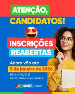 🔔 Atenção, Caxias!
As inscrições para o Concurso Público Municipal foram reabertas e você ainda pode garantir sua participação.
Não deixe essa oportunidade passar!
➡️ Deslize para o lado e confira prazos e todas as informações importantes.
#ConcursoCaxias2025 #PrefeituraDeCaxias