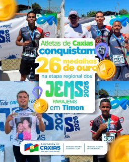 🏅💙 Orgulho que veste as cores de Caxias!

Nossos atletas deram show de talento, dedicação e superação na etapa regional dos JEMS e PARAJEMS 2026, realizada em Timon, e conquistaram 26 medalhas de ouro, garantindo excelentes resultados para o esporte caxiense.

Parabéns a todos os atletas que levaram o nome de Caxias ao lugar mais alto do pódio. Que essa conquista seja inspiração para muitos outros sonhos e vitórias! 👏💙

#JEMS2026 #PARAJEMS2026 #EsporteCaxiense #OrgulhoDeCaxias #PrefeituraDeCaxias