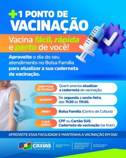 💉 Ficou ainda mais fácil manter a vacinação em dia!
Agora, você conta com mais um ponto de vacinação para atualizar sua caderneta com mais praticidade e rapidez, aproveitando o dia do atendimento do Bolsa Família.
Vacina em dia é mais proteção para você e toda a família! 💙💉
#Vacinação #SaúdeCaxias #PrefeituraDeCaxias