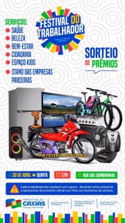 🎉✨ O Festival do Trabalhador vem aí com tudo!

Vai ter muitos prêmios, diversos serviços para a população e a tão esperada volta da nossa Feirinha Gastronômica, cheia de sabor e cultura! 🍔🎶

🎟️ E atenção: os cupons para o sorteio dos prêmios já estão sendo entregues em frente à Prefeitura, até o dia 30, das 8h às 13h.

Não deixe para depois! Garanta o seu cupom e venha viver esse momento com a gente. Você não pode ficar de fora! 💙

#FestivalDoTrabalhador #FeirinhaGastronômica #PrefeituraDeCaxias