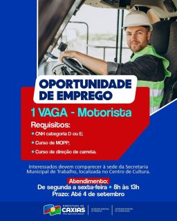 🚨🚗 Oportunidade na área!

Se você manda bem no volante e está procurando uma chance no mercado de trabalho, essa é a sua oportunidade! 👀💼

Confira os requisitos, prepare o currículo e cadastre na Secretaria Municipal de Trabalho, no Centro de Cultura, as 8h às 13h. 

Não deixe essa oportunidade passar!🛞✨

#VagaDeEmprego #Oportunidade #Trabalho #PrefeituraDeCaxias