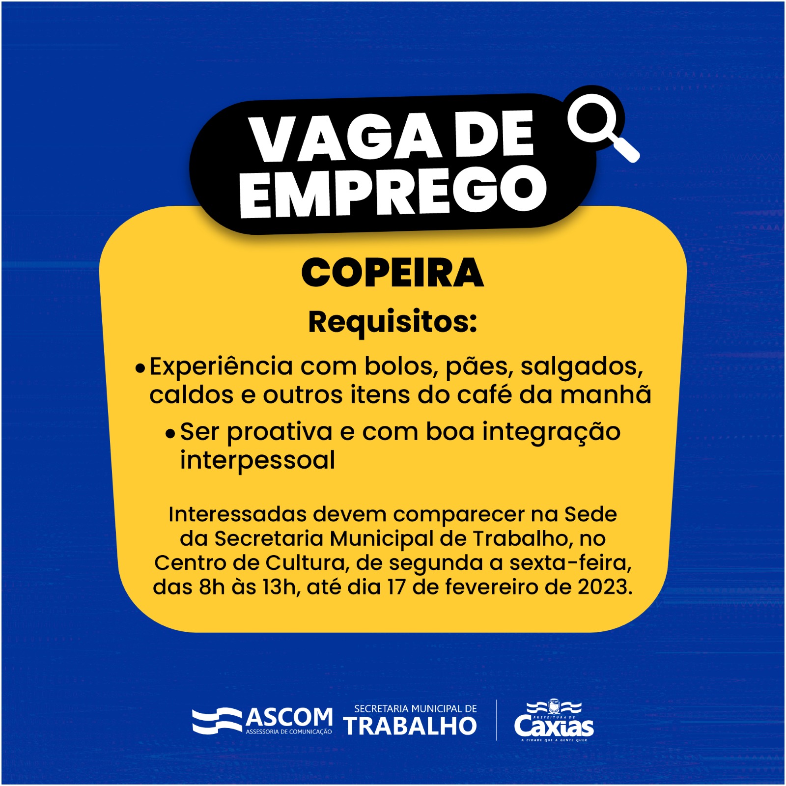 TRABALHO - Vaga De Emprego Para Copeira Está Aberta Até 17 De Fevereiro ...