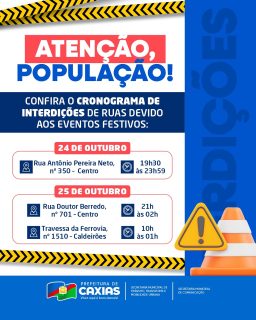 📣 Aviso importante! 
Alguns trechos da cidade terão interdição temporária em determinados locais, datas e horários.
⚠️ Fique atento às sinalizações e utilize rotas alternativas quando necessário. Agradecemos a compreensão de todos! 🤝