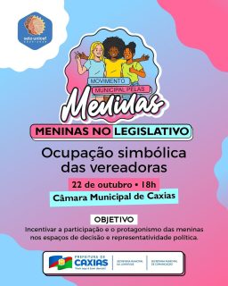 💖✨ Lugar de menina também é na política!
O Movimento Municipal pelas Meninas promove a ocupação simbólica das vereadoras na Câmara Municipal de Caxias, um momento para incentivar o protagonismo feminino e a participação das meninas nos espaços de decisão e representatividade. 🙋♀️💬
Porque empoderar meninas é construir um futuro mais justo e igualitário! 💪🌸
#MeninasNoLegislativo #JuventudeCaxiense #PrefeituraDeCaxias