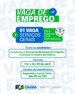 💼✨ Tem vaga aberta para quem está em busca de trabalho e quer dar um novo passo na sua trajetória profissional. 💙

Os interessados devem comparecer à Secretaria Municipal de Trabalho, no Centro de Cultura.

📅 Até o dia 24 de abril
⏰ De segunda a sexta-feira, das 8h às 13h

Não deixe essa oportunidade passar! 🚀

#VagaDeEmprego #Trabalho #PrefeituraDeCaxias