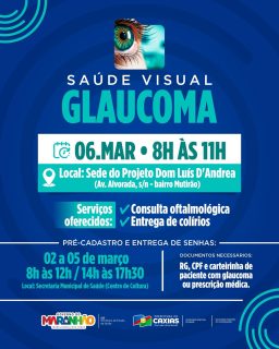 👁️ Cuidar da visão é cuidar da qualidade de vida!
Para participar, é necessário realizar o pré-cadastro e receber a senha de 02 a 05 de março, na Secretaria Municipal de Saúde, no Centro de Cultura, nos horários de atendimento.
A ação é realizada em parceria com o Governo do Estado.
Não deixe para depois! O diagnóstico e o acompanhamento corretos fazem toda a diferença para a sua saúde. 🤝
#SaúdeVisual #Glaucoma #PrefeituraDeCaxias #GovernoDoEstado