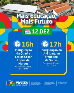 🎉💙 É com alegria que convidamos toda a população para a entrega de dois importantes espaços, a Quadra Carlos César Lopes de Moraes e a UIM Joaquim Francisco de Sousa.
Um momento especial para fortalecer a educação e ampliar oportunidades para nossas crianças e jovens! 💚
#MaisEducação #MaisFuturo #EducaçãoQueTransforma #PrefeituraDeCaxias