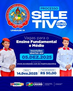 🔥📖 Preparar hoje, liderar amanhã!

Estão abertas as inscrições para o Processo Seletivo 2026 do CMCB 2 de Julho.
Este é o momento de garantir uma formação que une disciplina, excelência e valores que transformam vidas.

🚒💡 Não deixe passar essa oportunidade.
Dê início a uma jornada de conhecimento e conquistas.

#ProcessoSeletivo2026 #ColégioMilitarDeBombeiros #EducaçãoCaxiense #PrefeituraDeCaxias