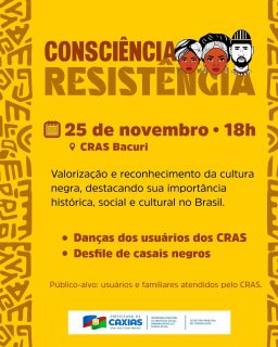 ✊🏿 Momento de reflexão, consciência e valorização da cultura negra.

Um espaço de diálogo, aprendizado e reconhecimento, onde cada voz fortalece a luta por respeito, igualdade e inclusão. Venha fazer parte!

#ConsciênciaNegra #CRASBacuri #PrefeituraDeCaxias