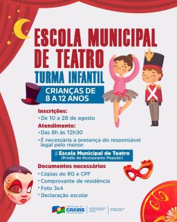 🎭🎬 As cortinas vão se abrir para novos talentos. Se seu pequeno ama brincar, criar personagens e soltar a imaginação, essa é a oportunidade perfeita! 

As inscrições iniciam dia 10 de agosto, destinada a crianças de 8 a 12 anos. Além de muita diversão, o teatro ajuda a desenvolver criatividade, comunicação, expressão e trabalho em equipe. 🌟

⚠️ A inscrição deve ser realizada com a presença do responsável legal. Confira os documentos necessários e garanta a vaga! 🎭💫 

#EscolaMunicipalDeTeatro #CulturaCaxias #Arte #PrefeituraDeCaxias