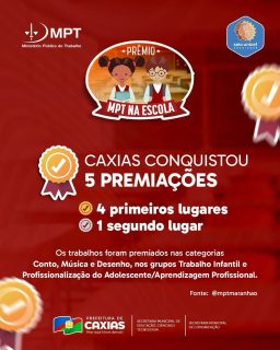 🏆🌟 Caxias brilhou no Prêmio MPT na Escola 2026!Foram 5 premiações, sendo 4 primeiros lugares e 1 segundo lugar, nas categorias Conto, Música e Desenho. 🥇🥈👏Um resultado que mostra o talento, a criatividade e o compromisso dos nossos estudantes. Parabéns a todos os alunos, professores, escolas e famílias que fizeram parte dessa conquista! 👏🎉Caxias tem talento de sobra! 🏆💙#Educação #PrêmioMPTNaEscola #Caxias #PrefeituraDeCaxias