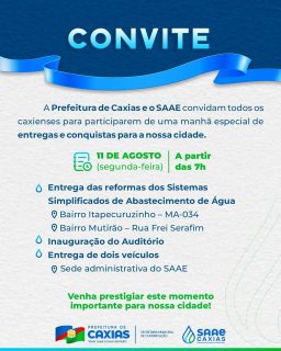 💧🚛 A Prefeitura de Caxias e o SAAE convidam você para uma manhã especial de entregas e conquistas para nossa cidade! 

Reformas, inauguração e novos veículos para melhorar ainda mais o abastecimento de água! 💙

 ✨ Venha prestigiar e celebrar mais progresso para nossa cidade! 

#SAAECaxias #PrefeituraDeCaxias