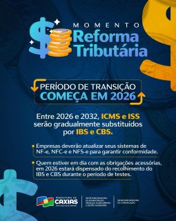 📊💡 A Reforma Tributária está chegando!

A partir de 2026, começa a fase de transição que vai mudar a forma como os impostos são cobrados no Brasil. ICMS e ISS darão espaço, aos poucos, para o IBS e a CBS.

Fique atento às mudanças e prepare-se desde já!

#ReformaTributária #GestãoFazendária #PrefeituraDeCaxias