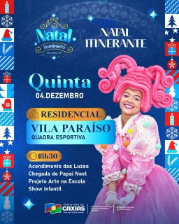 🎄✨ O Natal Itinerante está chegando ao Residencial Vila Paraíso levando encanto, luzes e muita festa para toda a comunidade!

Nesta quinta, a partir das 18h30, a magia toma conta da quadra esportiva com a chegada do Papai Noel, apresentação do Projeto Arte na Escola e show infantil cheio de alegria. 🎅💫

Venha viver esse momento mágico com sua família! 💙

#NatalIluminado2025 #NatalItinerante #VilaParaíso #PrefeituraDeCaxias
