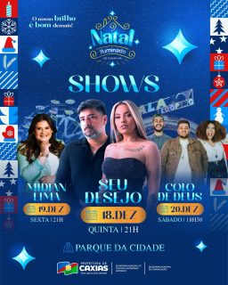 🌟🎶 Dezembro em Caxias é sinônimo de música boa, alegria e emoção!
O Natal Iluminado segue com uma programação especial de shows para reunir toda a família e os amigos, tornando essa época ainda mais especial.
E já começa amanhã com uma noite inesquecível no Parque da Cidade. Você não pode ficar de fora! 💙🎄
#NatalIluminado2025 #NossoBrilhoÉBomDemais #PrefeituraDeCaxias