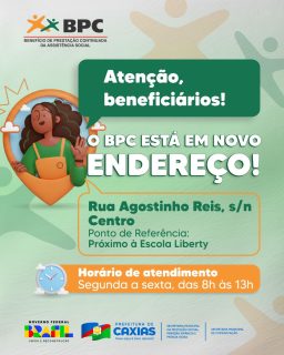 💙 Mudança de endereço para melhor atender você!

O setor responsável pelo BPC já está funcionando em novo local, com atendimento de segunda a sexta-feira, das 8h às 13h.

Fique atento(a) às informações e se programe com antecedência! 🤝

#BPC #ProteçãoSocial #PrefeituraDeCaxias