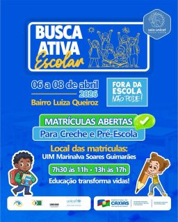 A educação começa com presença, cuidado e oportunidade. 💙📚
De 06 a 08 de abril, estaremos no bairro Luiza Queiroz realizando mais uma ação para garantir que nenhuma criança fique fora da escola.
Se você conhece alguma criança que ainda não está matriculada, esse é o momento! Vamos juntos fortalecer o acesso à educação desde os primeiros anos. 💙
#BuscaAtivaEscolar #ForaDaEscolaNãoPode #EducaçãoCaxiense #PrefeituraDeCaxias