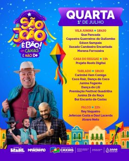 🎉🤠 A 6ª e última noite do melhor São João do interior do Maranhão do jeitinho que a gente ama! 🤩
A programação está imperdível, com atrações na vila junina, casa do reggae, tablado cultural e, no palco principal, Rey Vaqueiro, Jeferson Costa e Davi Lacerda e Alvaro Neto, encerrando esta edição em grande estilo! 🔥🎶
Vamos juntos viver a emoção da última noite do São João de Caxias. Afinal, São João é bão, mas em Caxias é bão demais! 💙✨
#SãoJoãoEmCaxiasÉBãoDemais #SãoJoão2026 #PrefeituraDeCaxias